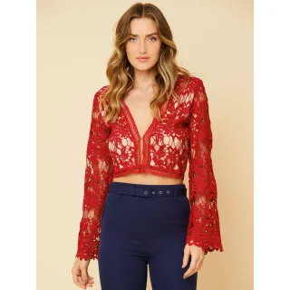 Cropped Feminino Manga Longa Renda Com Forro - Blusa Fler - Branca