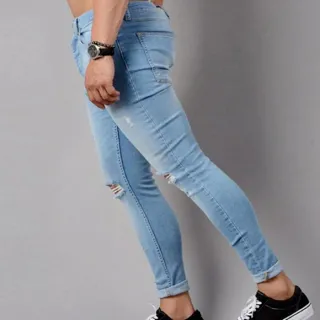 Calça Jeans Masculina Destroyed Slim Rasgo no Joelho Elastano - Azul Claro