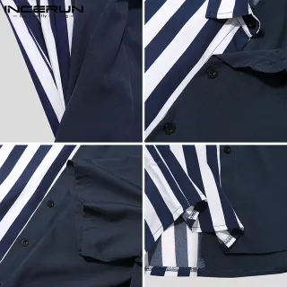 Camisa de Verão Masculina Listrada com Botão de Meia Manga - Estilo Costuras Incríveis - Preto PRETO PRETO PRETO