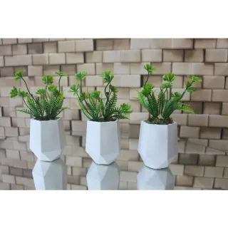 Vasos de gesso hexagonal com plantas artificiais - Kit 3 - Folha mini coqueiro(palmeira)