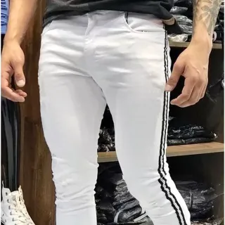 Pronta entrega - Calça branca masculina skinny com faixa lateral em laycra - Branca