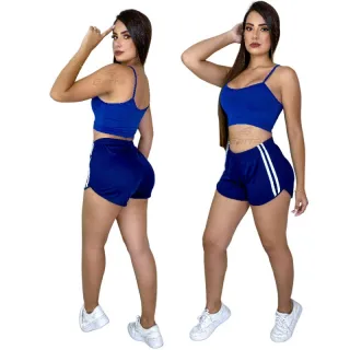 Top Alcinha Suplex e Short Fitness Feminino - Promoção Garra Sport - Preto - Preto  listra vermelha