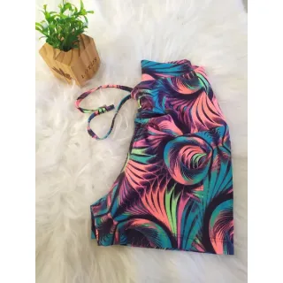 Cintura alta suplex curta P e M com cordinha - Azul verde neon