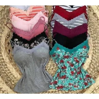 Kit 5 Blusas Femininas Regata Alça Lisa e Estampada com Bojo - Detalhe Renda Básica