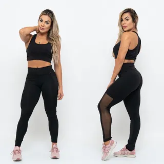 Moda Fitness Conjunto Feminino Barato: Cropped Top e Legging com Tule - Preto