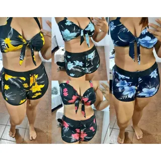 Biquíni estampado orquídea com shorts de cintura alta - Conjunto feminino de três peças - 6 PINK