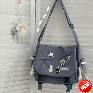 Bolsa Coreana Retrô de Nylon - Grande Capacidade Harajuku - Preto + Emblema + Dinossauro