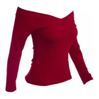 Blusinha Feminina Ombro a Ombro Manga Longa Canelada - Bordô