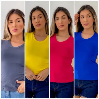 Manga Curta Gola V Kit 4 Blusas Femininas - BRANCO/ROSE/VINHO/PINK