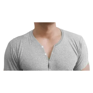Manga Curta Camiseta Henley Slim - Botão Pressão - Preto
