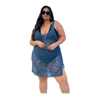 Plus Size Tricot Aberta Praia Detalhe Lateral - Azul