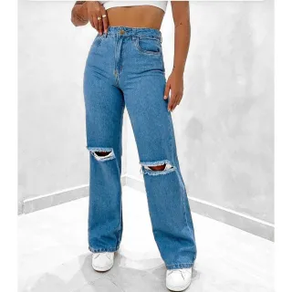 Moda feminina: Calça Pantalona Wide Leg Jeans - Tendência Gringa - Wide escuro destroyed no joelh