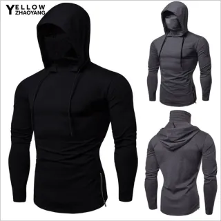 Moletom Masculino Outono Casual com Capuz e Estampa de Rosto - Cor Sólida - Grey