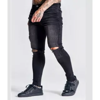 Calça Skinny Azul Marinho Rasgada Elastano Destroyed - Preta Desbotada