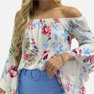 Manga Flare Blusa Ciganinha Feminina - Preto flor amarela