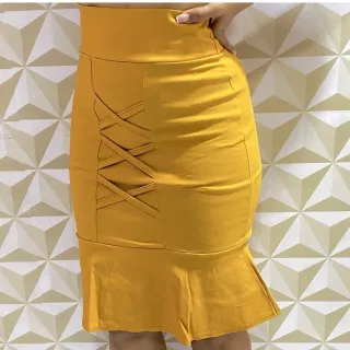 Saia Evangélica Sino Midi Feminina Babado Social Bengaline - Preto