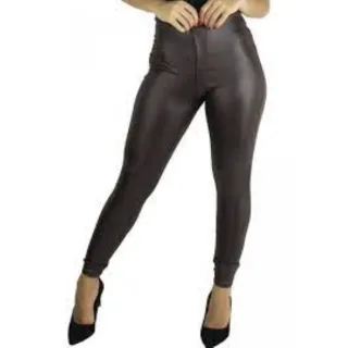 Legging Cintura Alta Disco Couro Fake Com Bolso e Zíper - Marinho