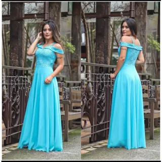 Elegante Vestido Longo para Madrinha de Casamento - AZUL TIFFANY
