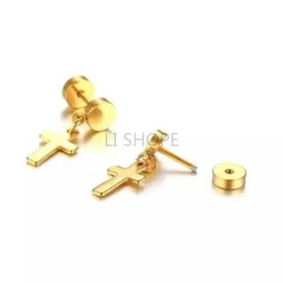 Brinco Barbell Style Cross Pendurado com Cruz em Aço Inoxidável Unisex - Prata, Preto, Dourado - uni preto