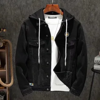 Jaqueta preta masculina slim fit com capuz em jeans stretch - Preto