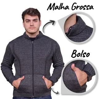 Cardigan masculino tricô casual gola alta suéter - Marinho