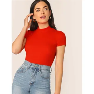 Fashion T-Shirt Feminina Manga Curta Gola Alta Canelado - Kit 3 peças - Kit 3 pecas vinho