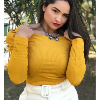 Blusinha Princesa Bufante Manga Longa Canelado - Moda Feminina - Azul