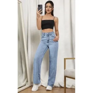 Calça Jeans Wide Leg Feminina - Cintura Alta, Tecido Grosso e Marmorizada - Marmorizada clara