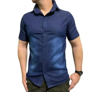 Botões Camisa Manga Curta Social Jeans Masculina - JEANS AZUL CLARO