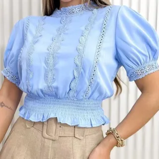 Moda Verão: Blusa Social Feminina com Renda e Manga Bufante 3RD SD011 - Branco