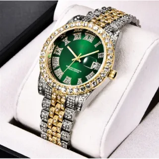 Relógio de pulso masculino luxuoso com diamantes e calendário - Presente perfeito para homens - Ouro e Verde