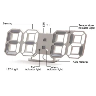 Decoração Quarto Relógio Digital 3D Parede Mesa Branca Recarregável - Azul