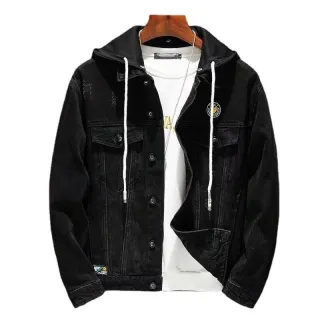 Jaqueta preta masculina slim fit com capuz em jeans stretch - Preto