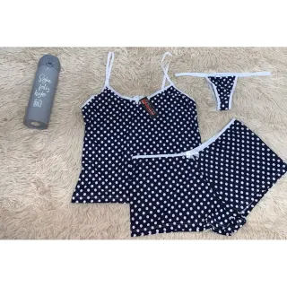 Lingerie Pijama Estampado Liganete: Baby Doll 3 Peças - Short, Blusa E Calcinha - M 36/38