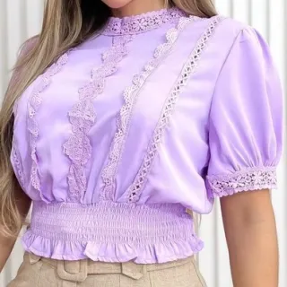 Moda Verão: Blusa Social Feminina com Renda e Manga Bufante 3RD SD011 - Branco