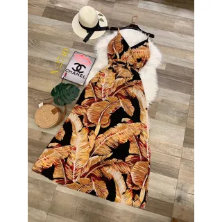 Verão 2021, vestido longo estampado alcinha - Azul com amarelo