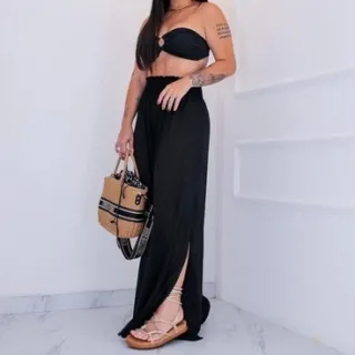 Calça Pantalona Feminina com Fenda Lastex - Saida de Praia - Branco