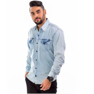 Camiseta Slim Masculina Social Jeans com Botões - JEANS ESCURO