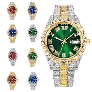Relógio de pulso masculino luxuoso com diamantes e calendário - Presente perfeito para homens - Ouro e Verde