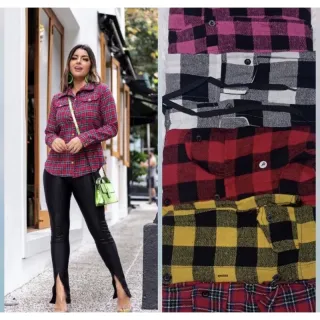 Blusa Flanelada Xadrez Feminina Manga Longa P M G GG - Vermelho COM PRETO