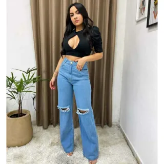 Wide leg pantalona jeans feminina - Cintura alta - Calça escura