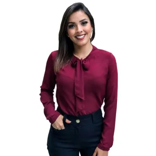 Blusa Social Feminina Manga Longa com Laço na Gola - Rosa