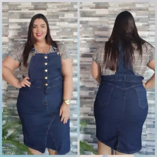 Plus size jardineira jeans premium - Azul Escuro