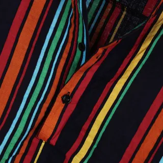 Camisa Masculina Estampada Listrada de Manga Curta / Camisa Moderna Gola de Padre para o Verão - Black,M