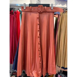 Evangélica Midi Saia Plissada Cirre com Cinto Botão Social - Rose