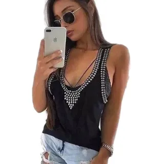 Blusa Bordada Regata Feminina Metal A Mão - Cinza Claro