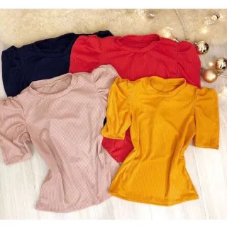 Super Moda Blusa Canelada Feminina Princesa Manga Curta Bufante - Branco