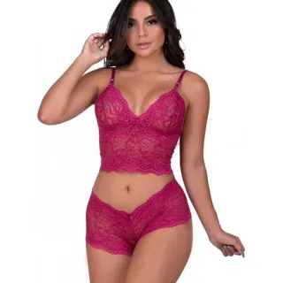 Lingerie feminina renda cropped conjunto completo - M cores variadas