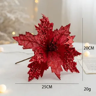 Decorações de Natal Glitter Flores Artificiais Falsas - Enfeites para Árvore Feliz - red gold_14cm