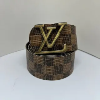 Couro Xadrez Dupla Face Cinto Masculino - Ouro Escovado - Marrom